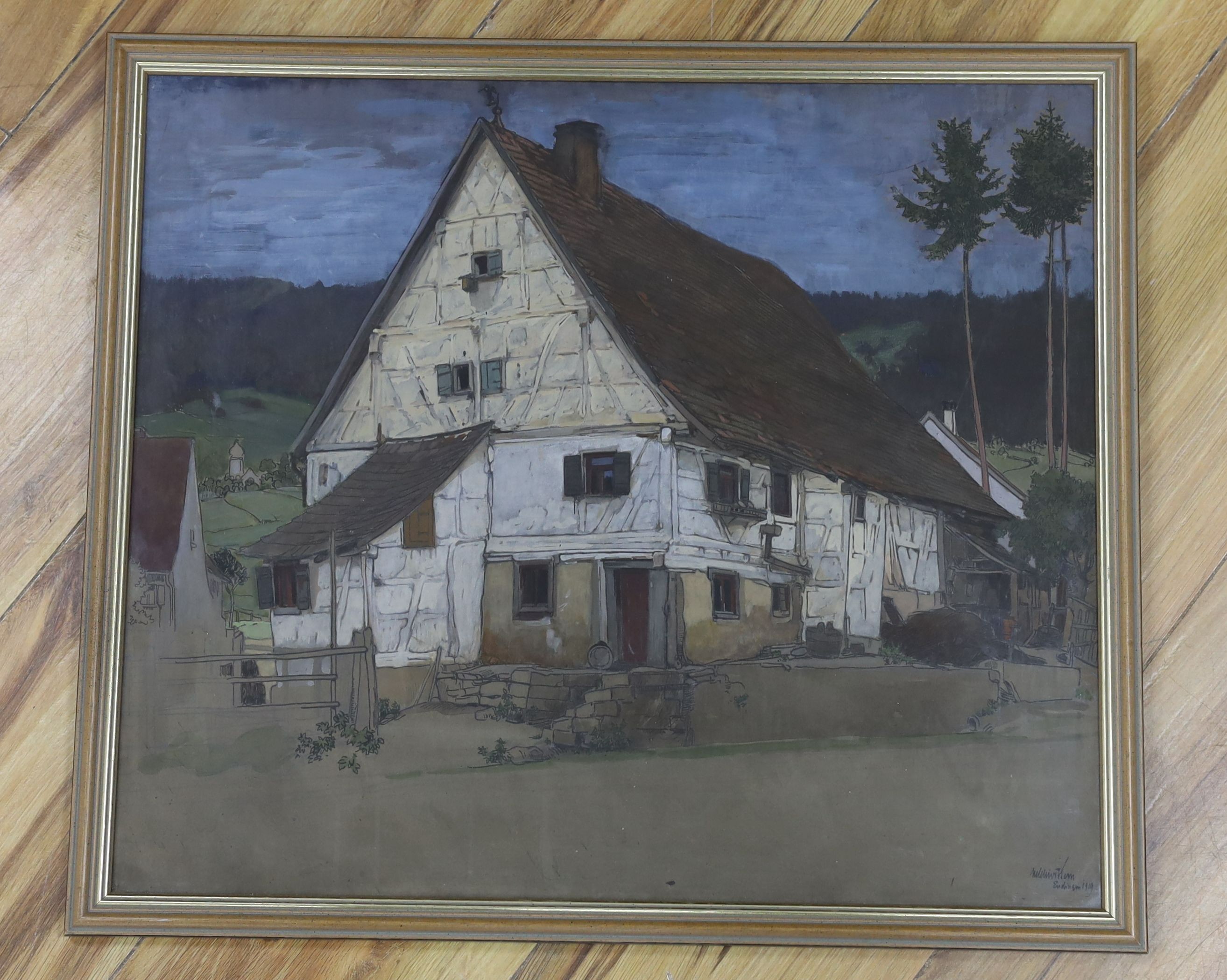 Melchior Kern (1872-1947), ink and watercolour on buff paper, Bavarian House, signed and dated 1919, 42 x 49cm